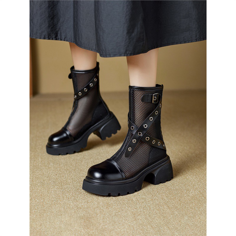 Summer Thin Martin Boots for Women 2025 New Mesh Breathable Hollow Sandals Thick Sole Mesh British Style