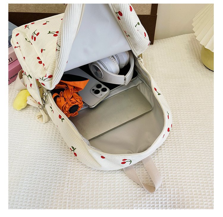 1197g Weight Polyester Lining Material Zipper Closure Type Double Shoulder Straps Strap Type Casual, School, Daily Occasion Corduroy Material Back To School Festival School Backpack Backpack Cherry Pattern All Seasons Season Women's Gender Cute Style Shell Shape Cherry Casual School Daily School Backpack 37