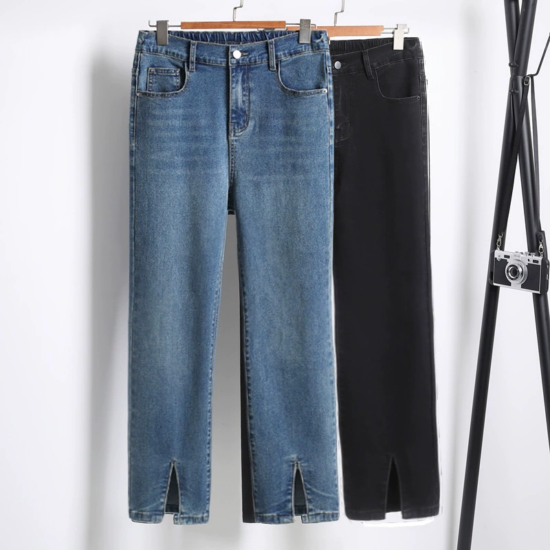 316350 кг очень большие джинсы прямой Сплит широкие брюки высокой упругой высокой талией пол брюки