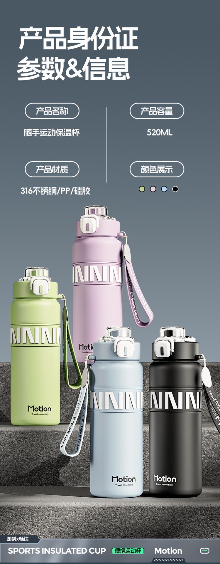 Neue großvolumige Sportflasche 316 Edelstahl mit Trinkhalm, Isolierbecher mit Schultergurt und Trageschnur, tragbare Wasserflasche für Herren und Damen