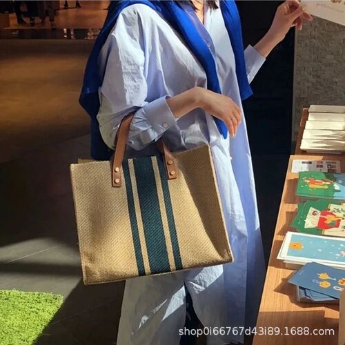 Korean Women's Handbag Suitcase Business Commute Striped Simple Single Shoulder Large Capacity Linen Bag
