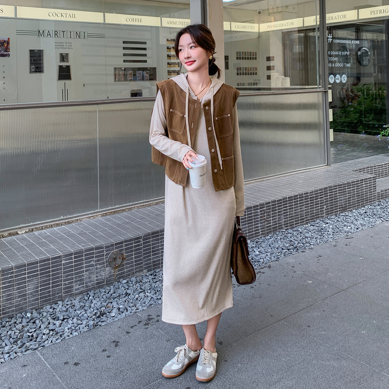 Real Shot of Workwear Vest, Hooded Sweatshirt, Dress Set for Women, Spring and Autumn 2026 New Korean Style Long Dress Two-Piece Set
