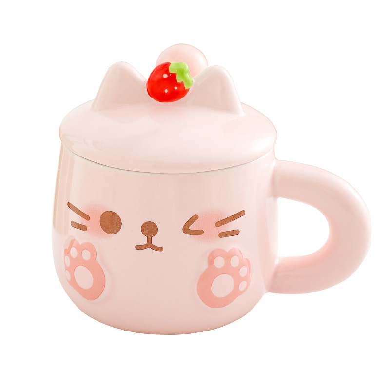 Cute taza de cerámica para gatos, taza de pareja con cuchara de tapa, taza de café, regalo de cumpleaños práctico