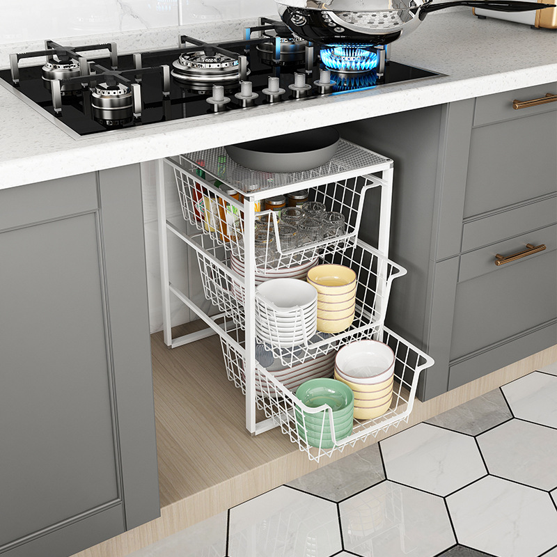 WBZ7 Kitchen Pull-out Cabinet with Drawer-style Bowl Tray and Spice Rack, Iron Double Corner Cabinet, Transformable into Three Layers