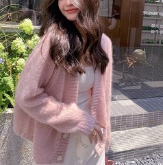 優しい風の柔らかいモチモチのニットのカーディガンの小さいコートの怠惰な馬の海の毛のセーターの短いvネックのゆったりしている上着の女性の春秋