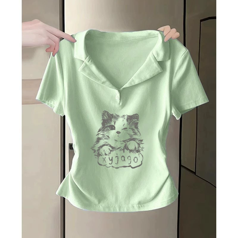 多巴胺穿搭薄荷绿Polo衫短袖t恤女夏季甜辣妹正肩修身上衣设计感