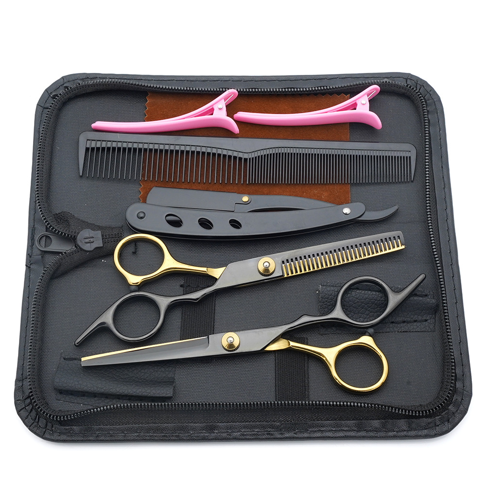 Tijeras de peluquería de 6 pulgadas, negras y doradas, con mango inclinado y de alta calidad, juego de tijeras de peluquería al por mayor para cortar el cabello.