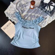 人棉甜辣妹字母印花木耳边一字领吊带背心带胸垫美背上衣