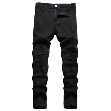 高街biker弹力修身牛仔裤外贸潮男修身复古做旧修身牛仔裤