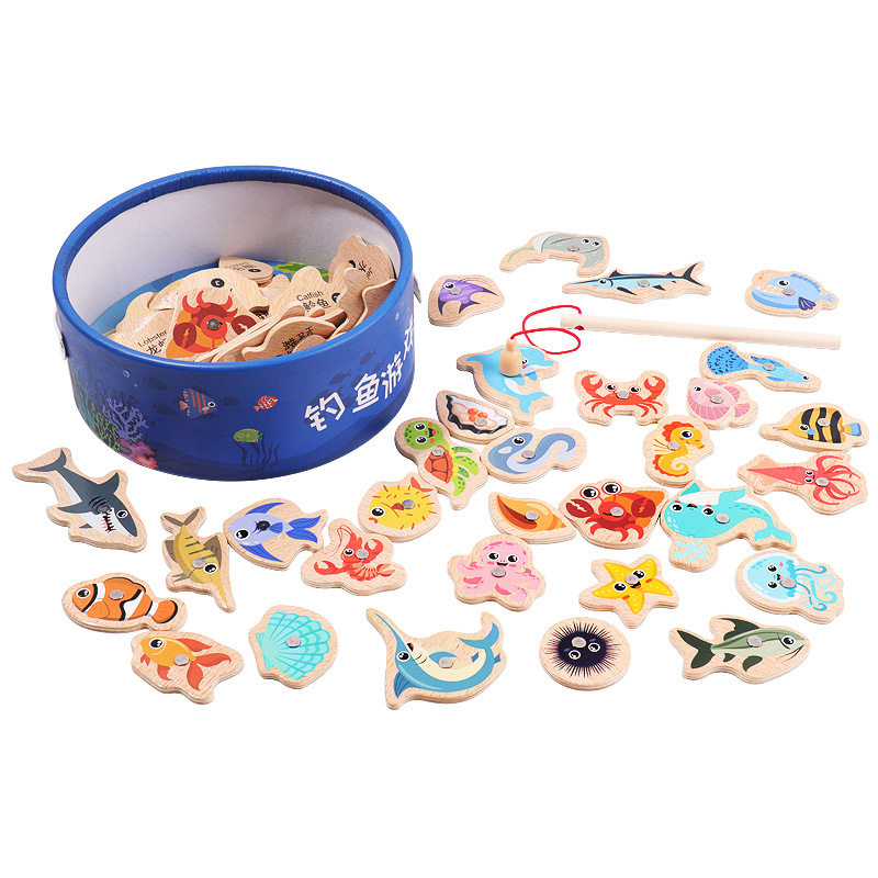Marine wooden children's cognitive magnetic fishes for fishing