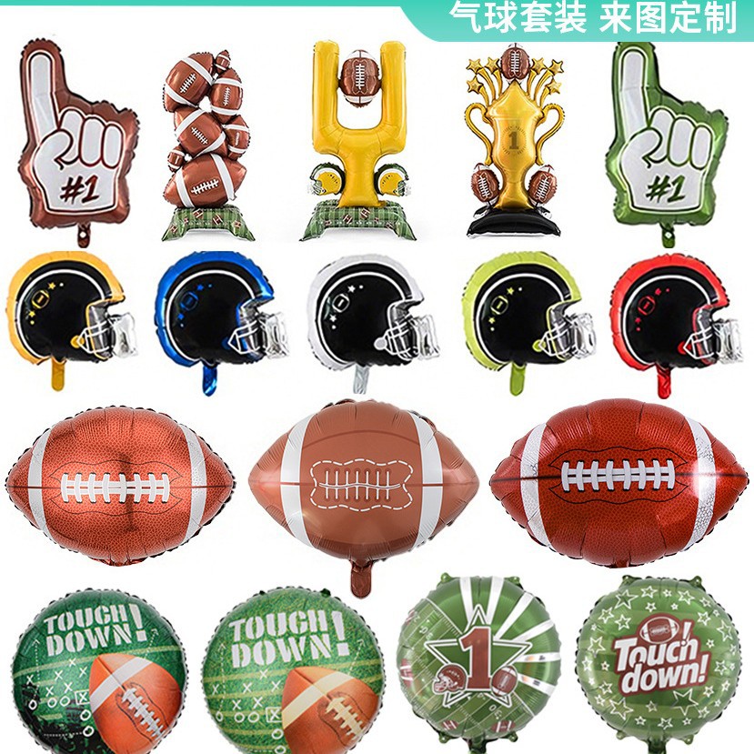 Juego de rugby temático globo casco trofeo de rugby post de portería decoración deportivo diseño de globo de aluminio