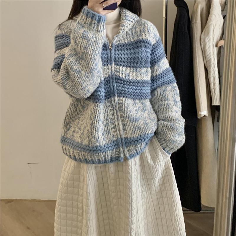 2025秋冬新款复古慵懒风翻领拉链粗线毛衣开衫女宽松加厚针织外套|undefined