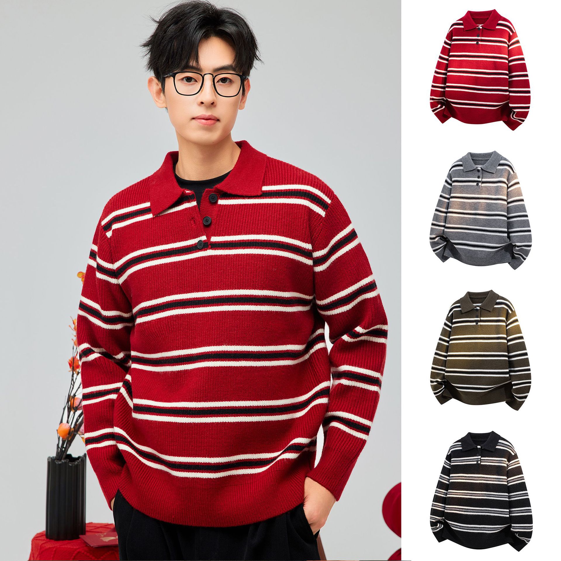 POLO camisa de punto a rayas suéter hombre perecido viejo estilo alto invierno / otoño suéter comercio exterior al por mayor transfronterizo image 1