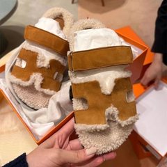 秋冬の毛皮靴女性用冬用チーズ～韓国製マジックテープ厚底ウールスリッパ女性用秋冬用