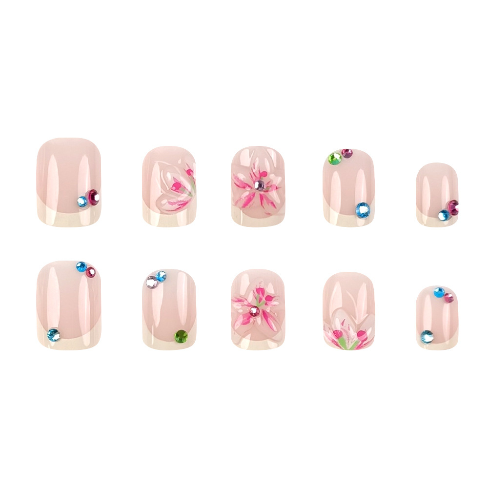 3D flores tridimensionales manijas falsas francesas comercio exterior polvo desnudo con diamantes 24 piezas de uñas blanqueadoras suaves lote mixto