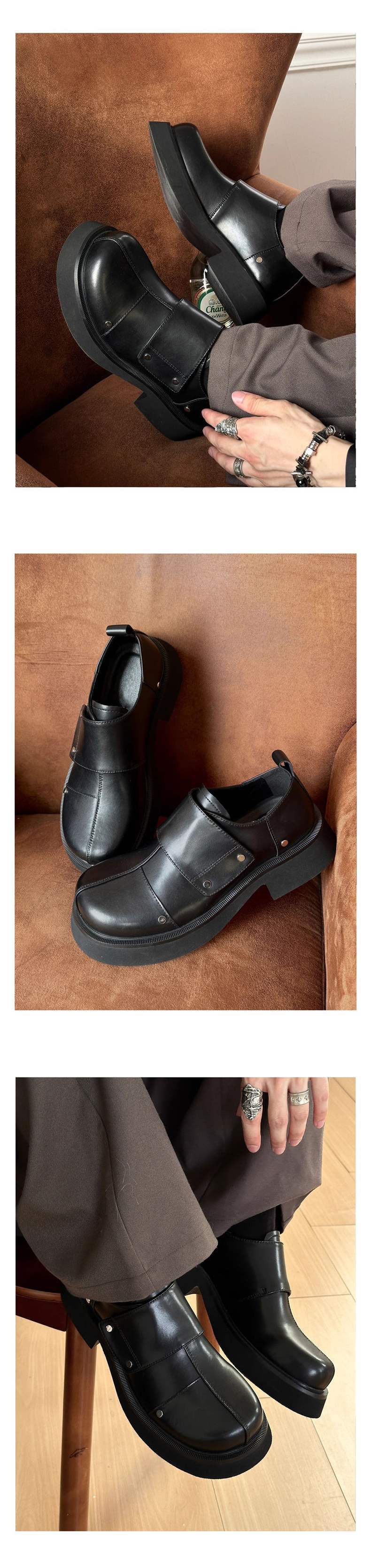 Chaussures décontractées ShoeVault British Commuter à enfiler, style derby à semelle épaisse en cuir, pour homme, rehaussant la silhouette._voghion.com