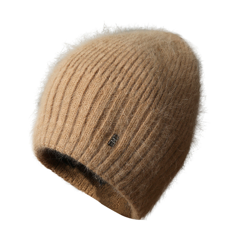 Mũ len beanie nữ lông thỏ dệt kim ấm áp mùa thu đông — màu be