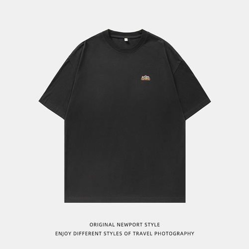 Japanese-style loose pure cotton short-sleeve T-shirt for men, summer quality mountain pattern embroidered crew neck shirt, versatile couple half-sleeve