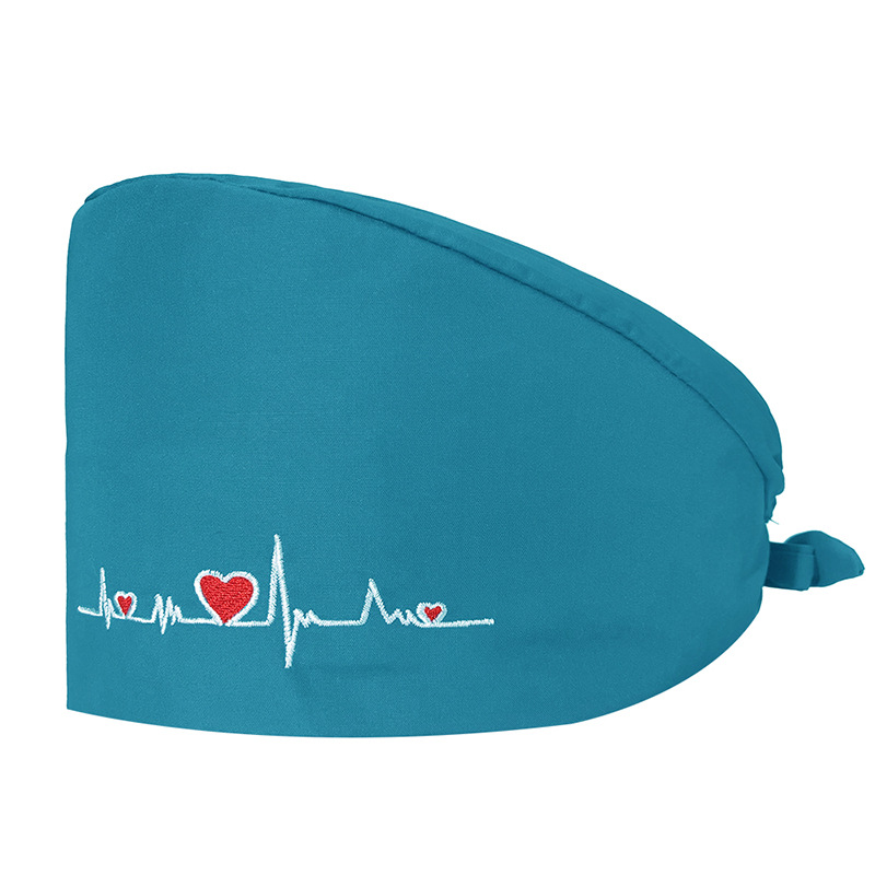 Gorro de Médico de Color Sólido en Poliéster y Algodón, Gorro Médico con Bordado de ECG, Gorro de Trabajo para Cola de Caballo Corta, Gorro Floral en Stock