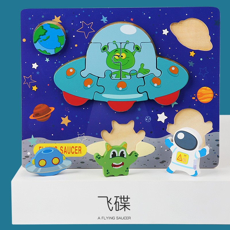 Juguetes educativos de madera de la educación temprana de los niños cognitivos dinosaurio de madera forma animal juego rompecabezas tridimensional 3D al por mayor