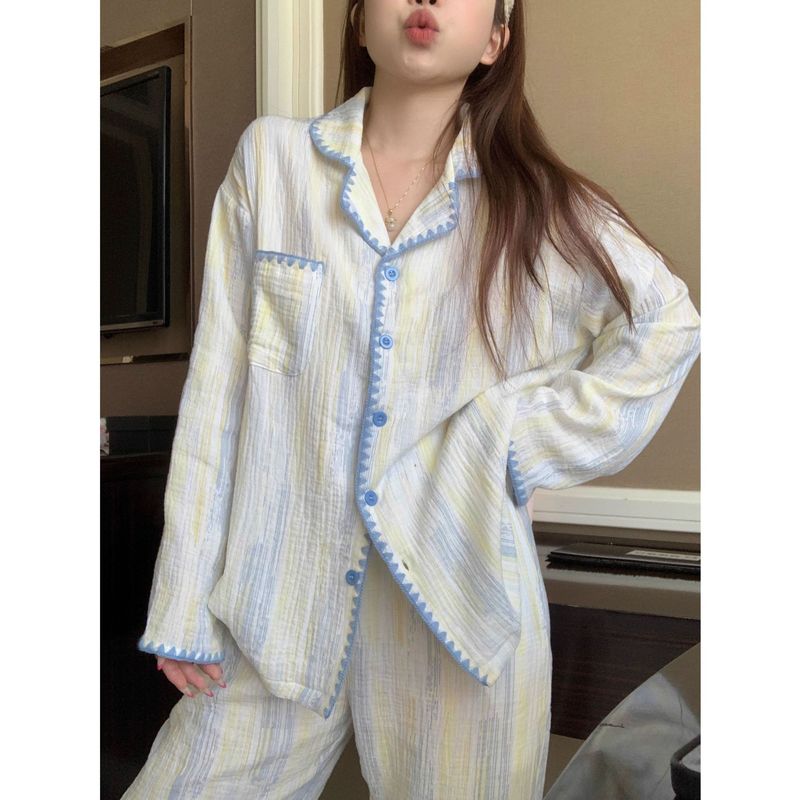 云朵棉睡衣女春秋季长袖套装高级感渐变条纹家居服可外穿跨境批发|undefined