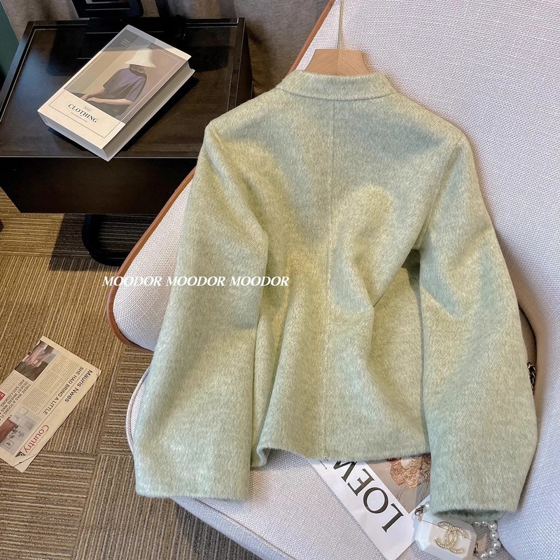 新中式小香风毛呢外套女秋冬短款轻国风刺绣绿色竹子毛呢上衣新款|undefined