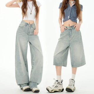 狸舍#2026美式复古水洗做旧宽松阔腿高腰百搭潮ins七分裤牛仔裤女