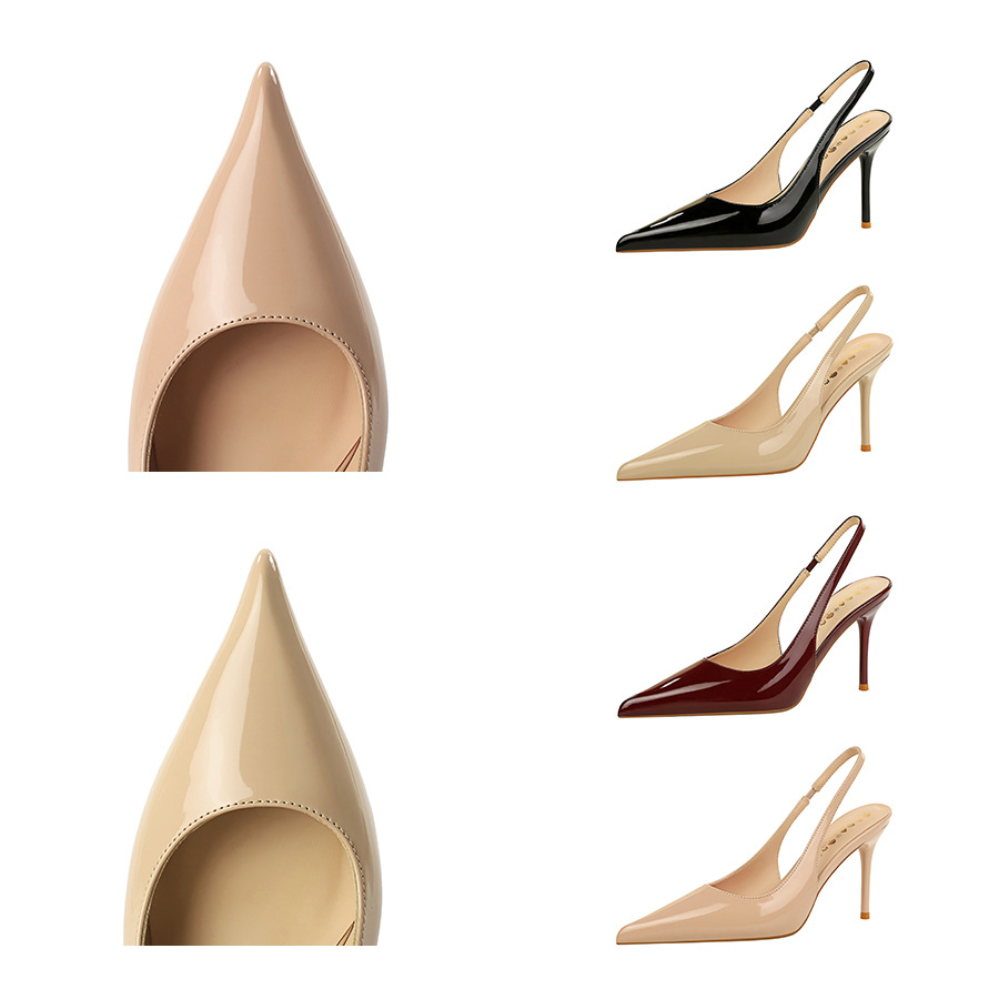 861 banquet temperament, European and American style, with an empty back strap, a socialite paired with a pointed skirt, shallow mouthed patent leather, fine heeled sandals, for women