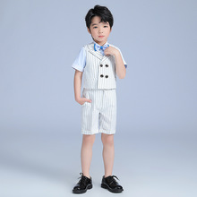 男童礼服春季新款条纹马甲套装短袖背带裤男童钢琴主持摄影演出服