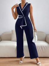 E 91827 V Neck Sleeveless Wide Leg Jumpsuit V�I�o������B�w