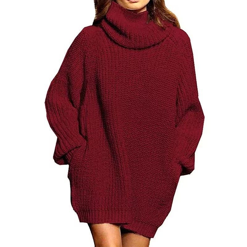 European and American style loose fashion turtleneck sweater for women, long-sleeved bodycon sweater, casual pocket knitwear