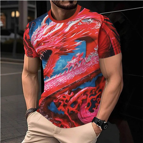 Xiangrui China Red Dragon 3D Digital Printing Summer Men's Regular Shoulder Mesh Breathable Crew Neck Loose T-Shirt
