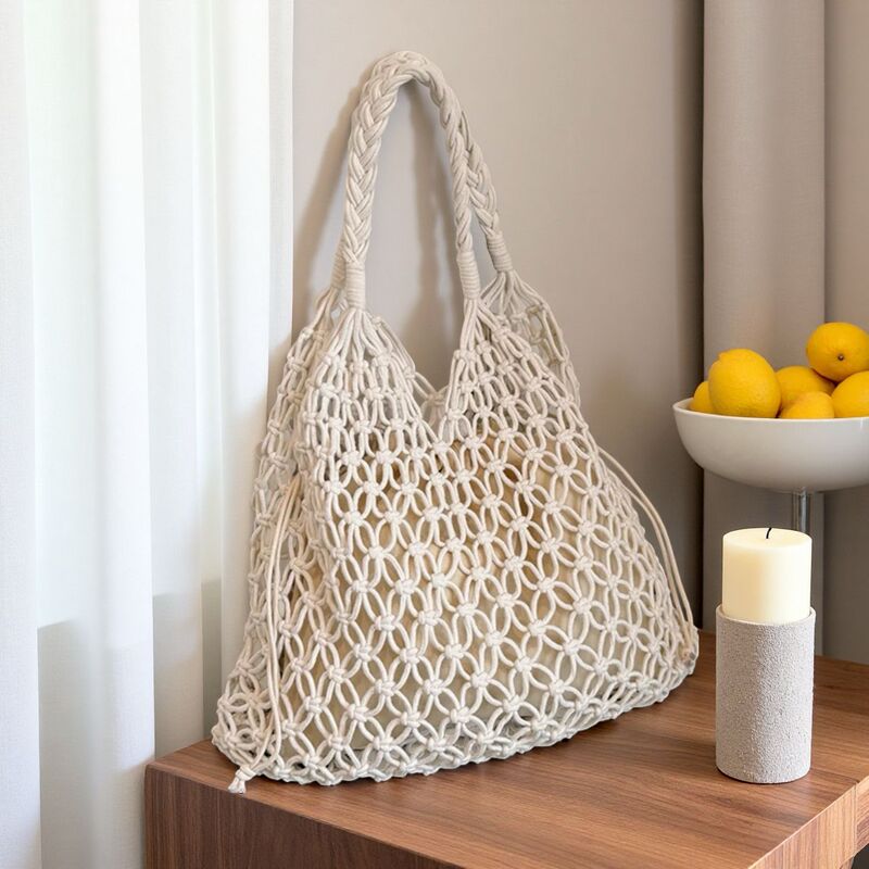 Korean Style Cut Out Straw Fishnet Bag Cotton Thread Woven Bag Cotton Rope Armpit Shoulder Bag Holiday Style Straw Bag Beach Bag