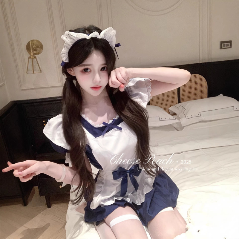 Xishi Blue and White Cute Maid* Pure Desire Cute Cat Bowknot Maid Apron Dress Sexy Outfit for Women