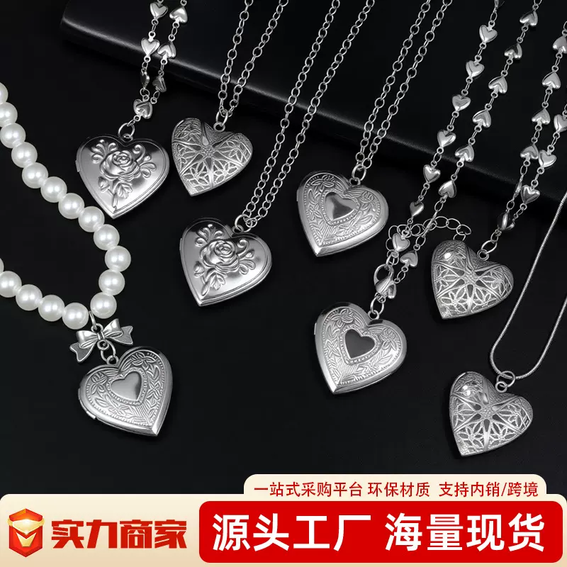 欧美新款跨境复古雕花爱心项链银质心形吊坠秋冬简约哥特式毛衣链