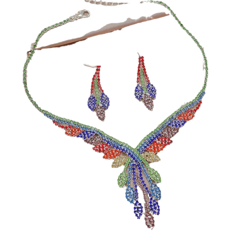 bride three piece necklace earrings grab chain mixed color rhinestone jewelry banquet jewelry set_voghion.com