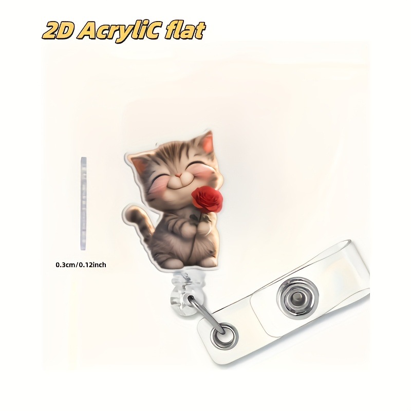 Clip de insignia de flor de rosa de gato creativo de acrílico transfronterizo, clip de identificación, hebilla retráctil y fácil de tirar