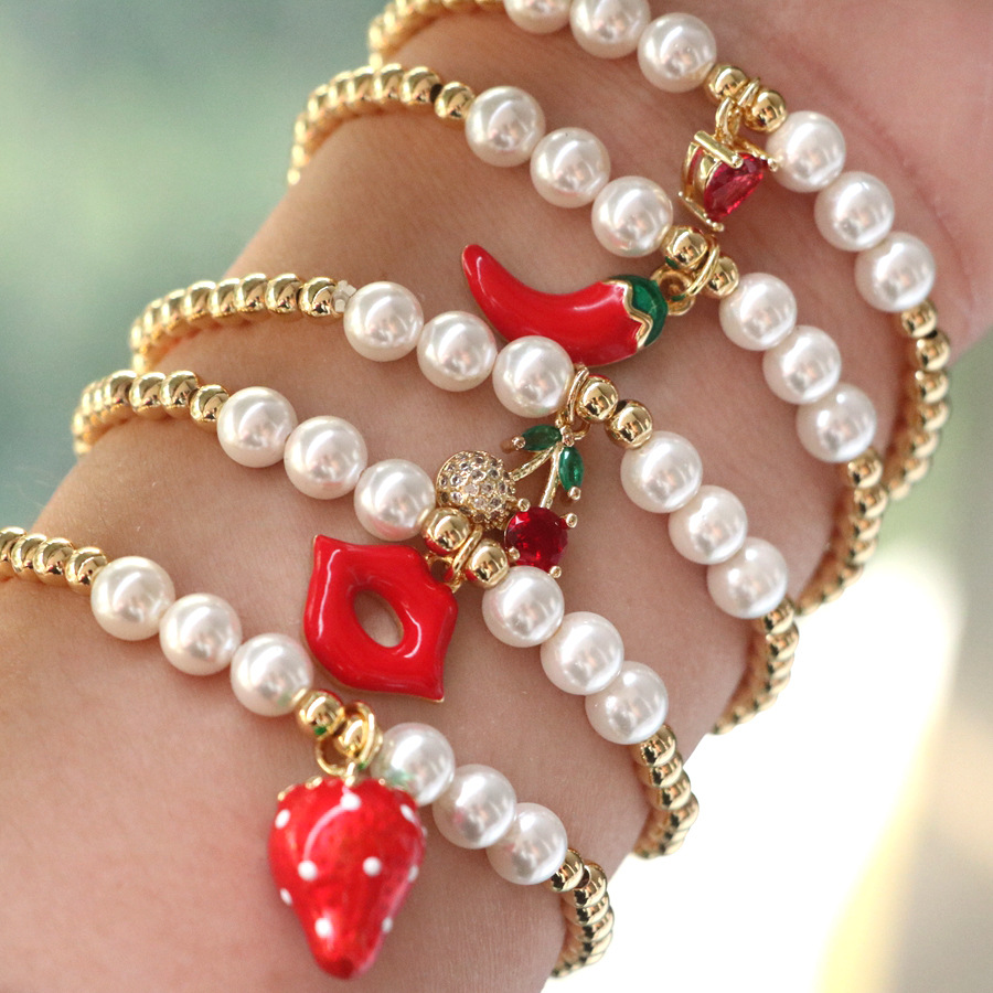 18g Weight Sweet Heart Shape Strawberry Chili Artificial Pearl Copper Beaded Chain Beaded Bracelets Wholesale