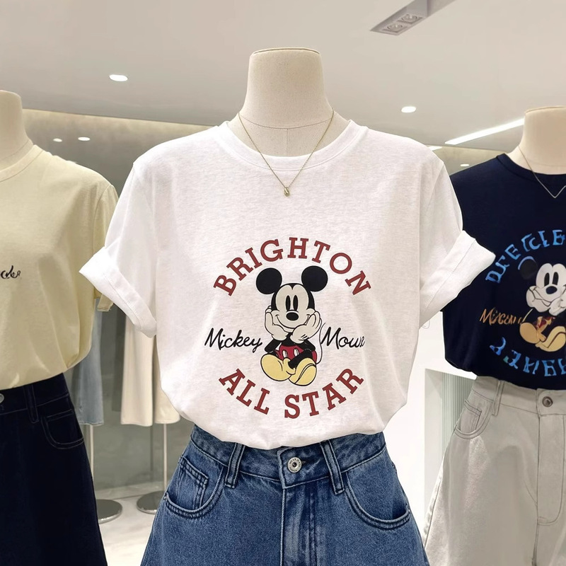 Cute Mickey Print Round Neck Short Sleeve Top Breathable Cool Snowflake Cotton T-Shirt Summer Otd Wear