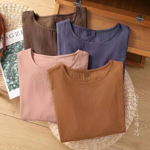 Laid-back Ramie Short Sleeve T-shirt for Women - Summer 2025, Mother's Day Edition - Loose-fitting, Cotton-Linen Blouse