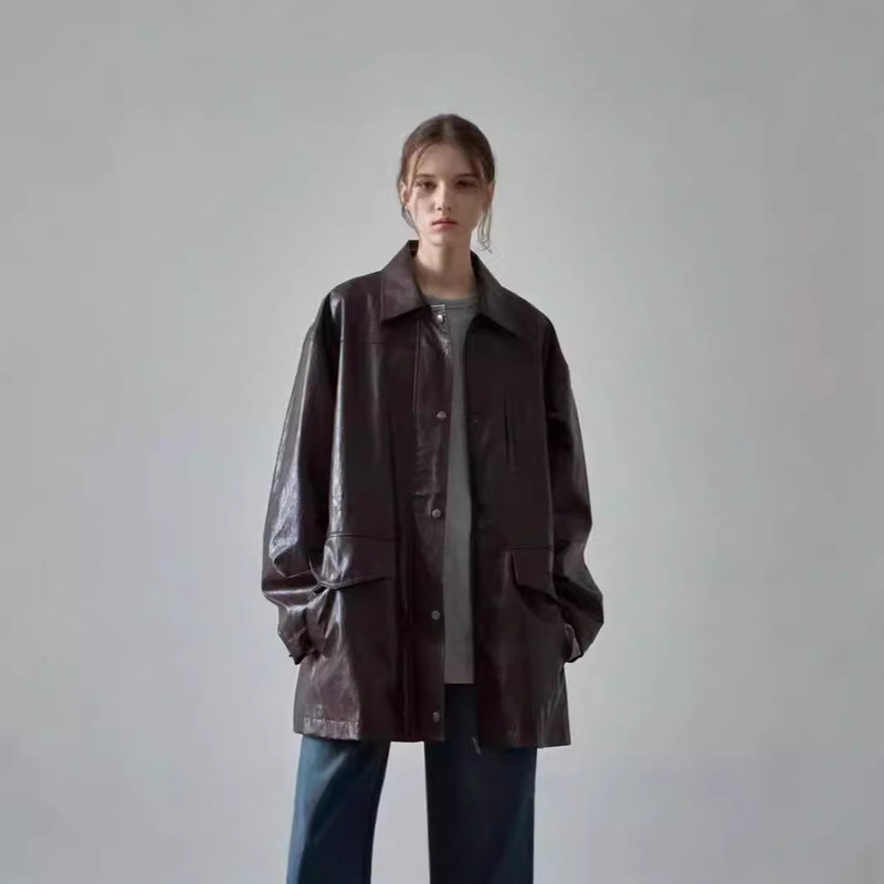 L*W Cl*Ssic Leather Jacket Women's 2025 Spring & Fall New Loose Designer Drawstring Mid-Length Jacket