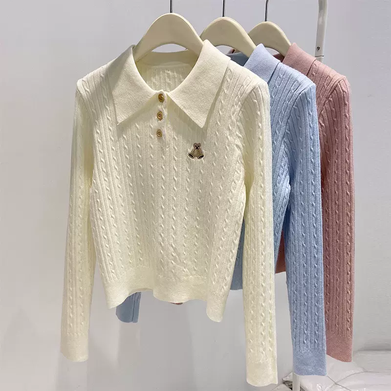 韩系学院风POLO领毛衣长袖针织衫女秋冬新款小熊刺绣内搭打底上衣