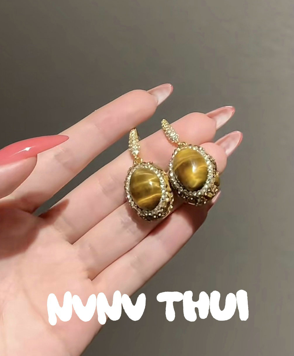 712NV artificial tiger eye stone and diamond earrings ~ no box