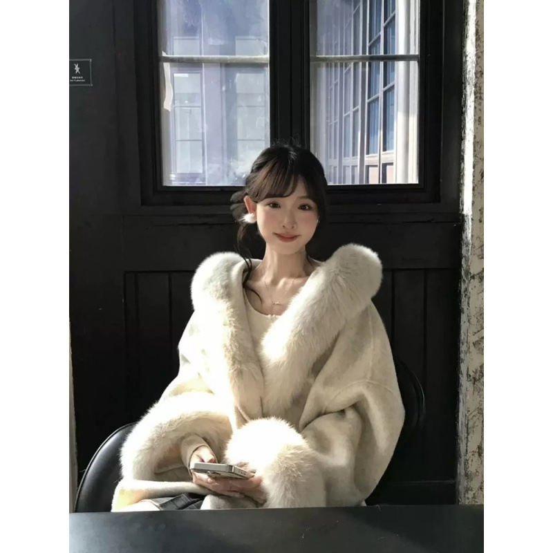 高级气质千金感仿狐狸毛领大衣女冬季设计感袖口毛毛保暖毛呢外套|undefined