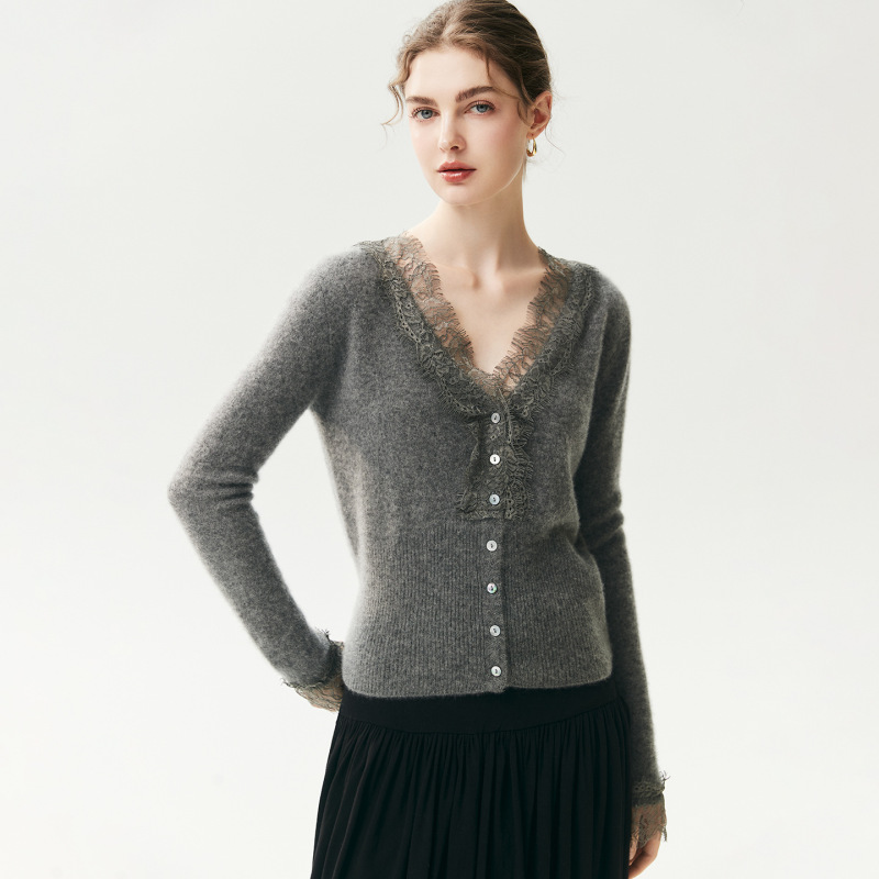 Lace Trim V-Neck Cardigan for Women, 100% Pure Cashmere, Fashionable Loose Fit, Slimming Plus-Size Thin Knit Sweater Jacket