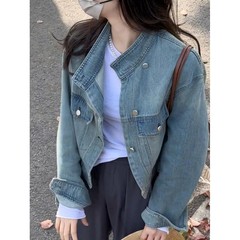 レトロなデザイン感小衆長袖立襟デニムコート女性春2025新型ゆるいショートジャケット上着