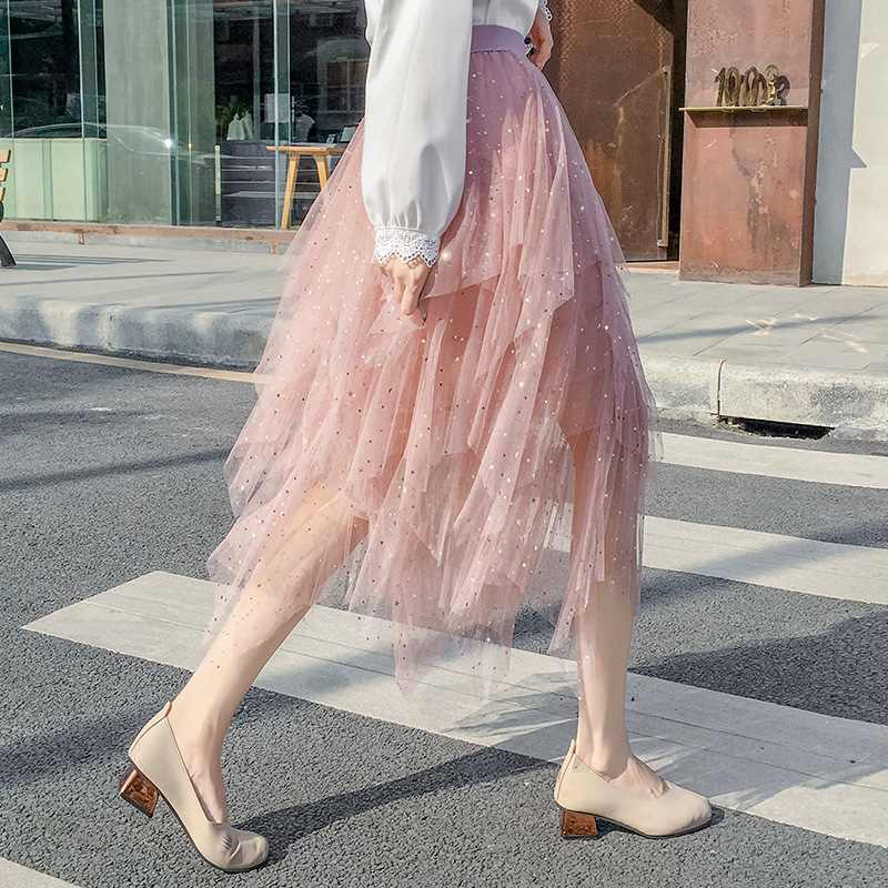 Irregular Sequin Gauze Skirt Women's 150 Petite Pleated Skirt Mid-length High Waist Starry Sky Fairy Gauze Skirt Irregular Sequin Gauze Skirt Women's 150 Petite Pleated Skirt Mid-length High Waist Starry Sky Fairy Gauze Skirt