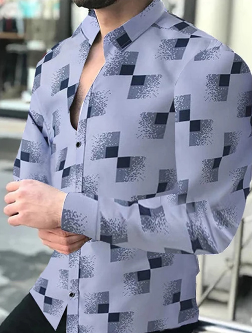 Comercio exterior 2023 primavera nuevos hombres gradiente de impresión digital solapa camisa de manga larga camisa casual de los hombres