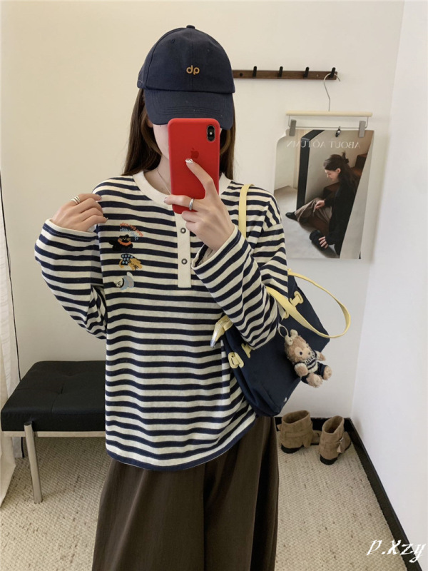 017秋季2025新款慵懒风松弛感宽松上衣长袖条纹卡通打底衫女士T恤|undefined