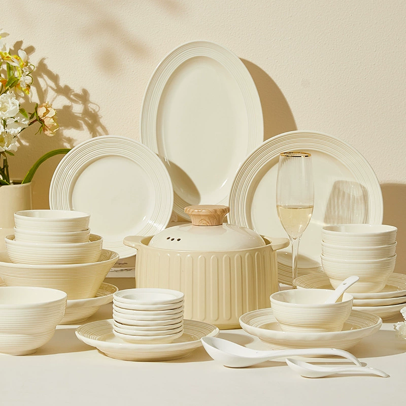 Baichuang Cream Ceramic Tableware Set Milk Yellow Thread Light Luxury Simple Elegant Design